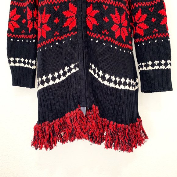 ABBIE MAGS Women's Christmas Knit Sweater Front Zip Tasseled Black/Red Size S/P - Picture 7 of 13